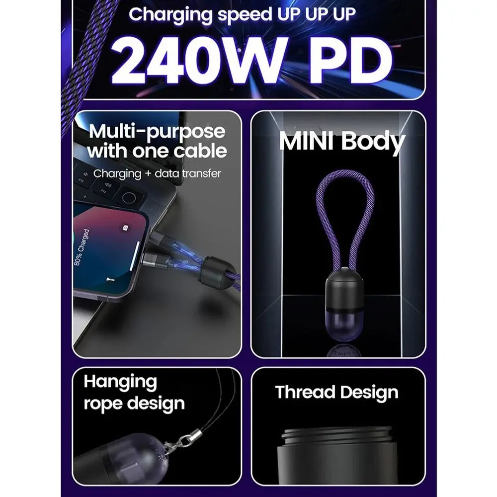 

New PC USB C To USB C Cable 0.2M Length Capsule Storage Fast Charging Cable 240W Power Keychain Lanyard PD Data Transfer Cable