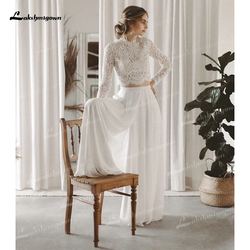 Boho semplice collo alto sexy bottoni senza schienale pizzo corto top tuta abiti da sposa abiti in chiffon personalizzati con maniche ad aletta completa