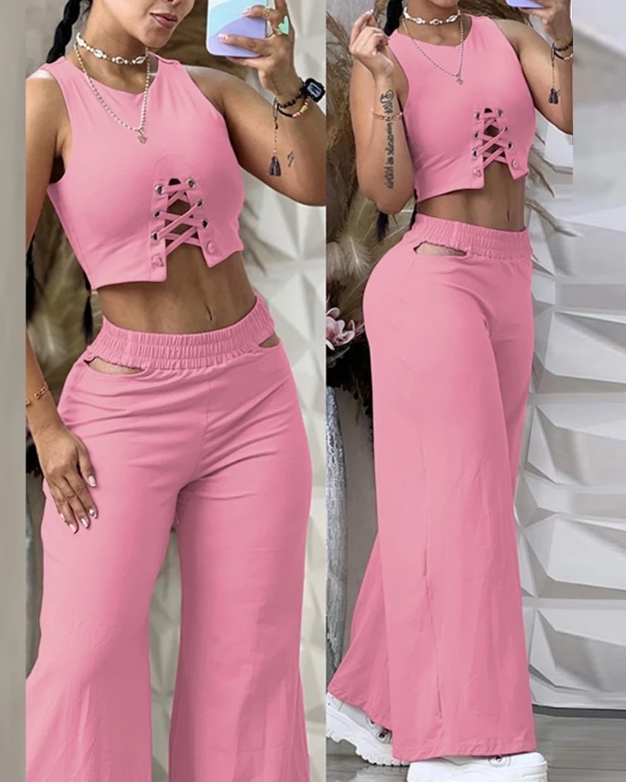 

Women's Two Piece Casual Vacation Solid Color Round Neck Eyelet Criss Cross Sleeveless Crop Top and Cutout Wide Leg Pants Set