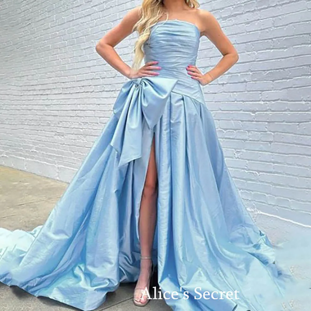 

A-Line Tulle Party Prom Dress Wedding Guest Dress Strapless Sleeveless Bow Pleat Floor Length Court Train Robe de Bal