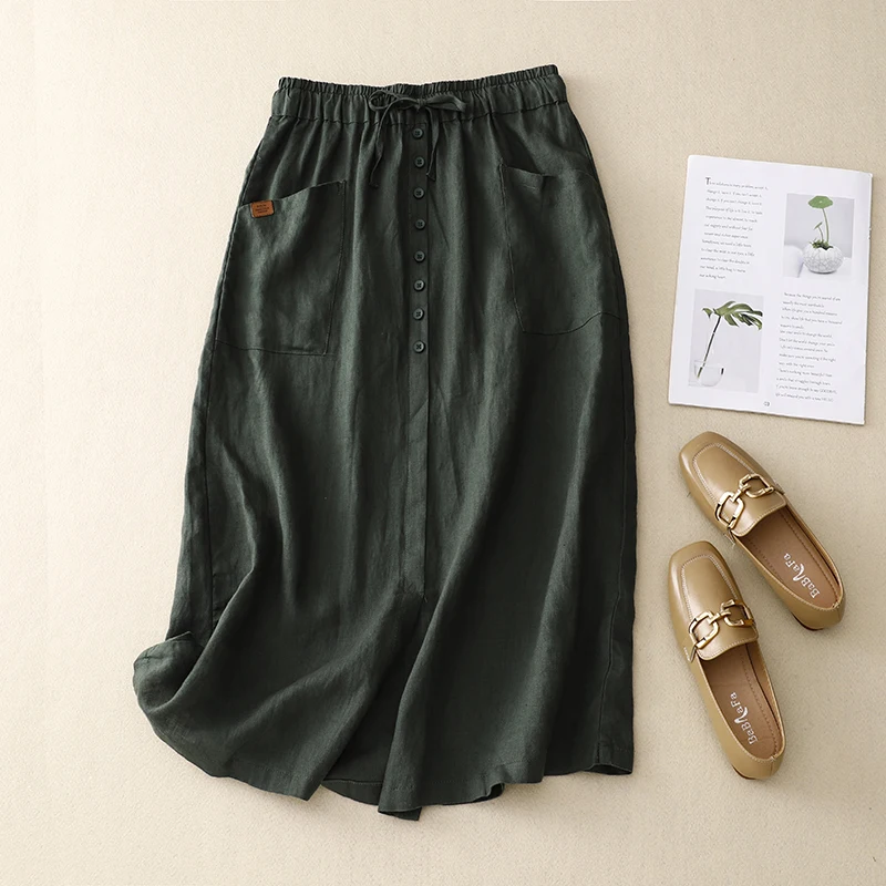 Japanese Style Linen Cotton Loose Midi Skirt Women's Summer Artistic Feeling Single Button A-Line Skirt High Waist Design