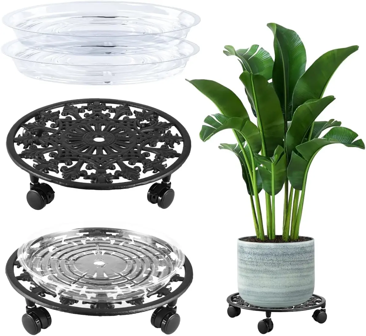 

2 Pack Heavy Duty Plant Caddy with Wheels and Locks, 14 Inch Metal Rolling Stand for Indoor Outdoor Use