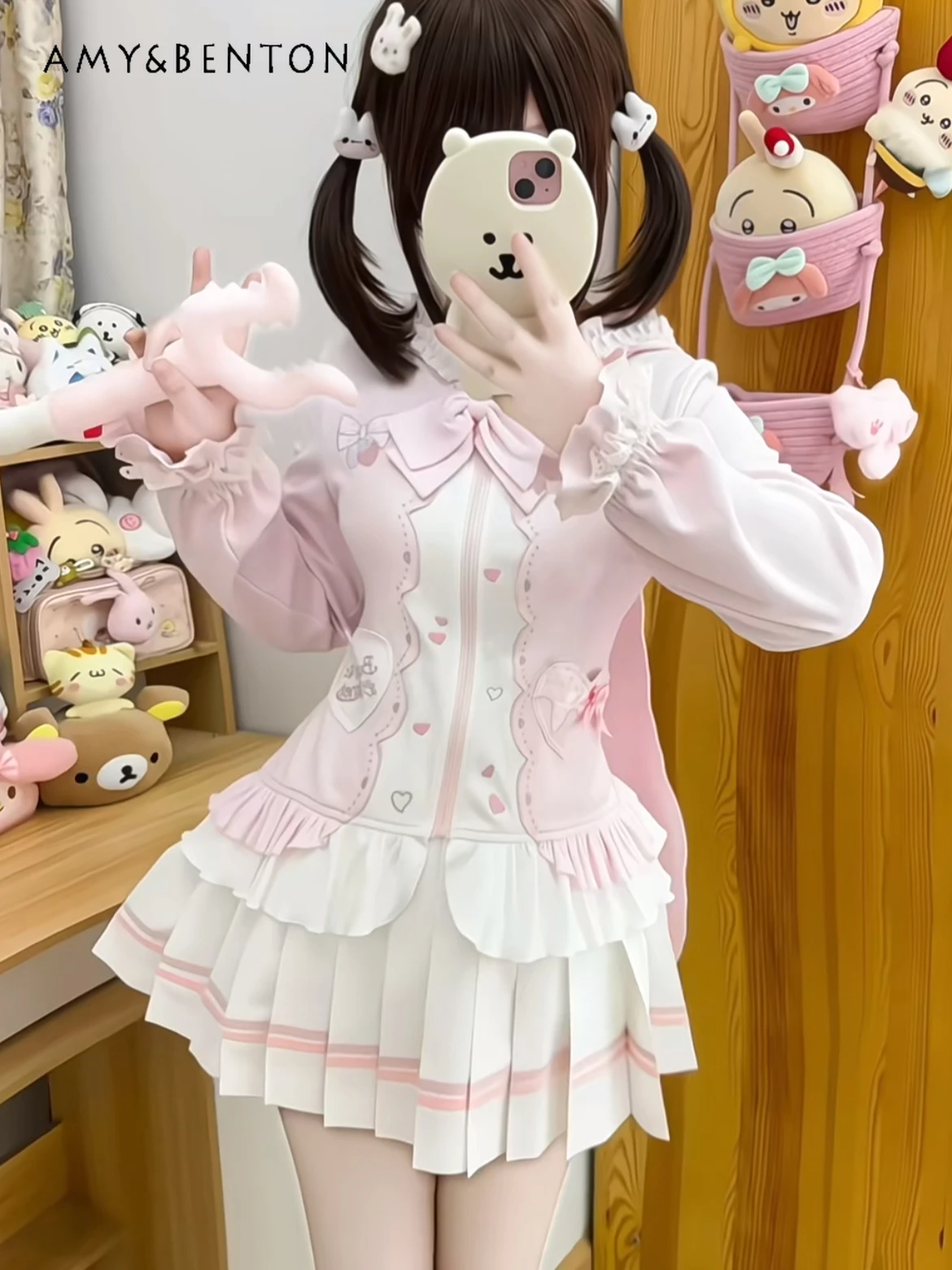 

Cute Rabbit Print Hooded Jacket Original Sweet Lantern Sleeve Kawaii Japanese Style Anime Girl Ruffled Patchwork Slim Jackets