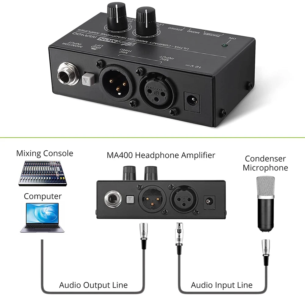 

Предусилитель для наушников MA400, 6,35 мм и 3,5 мм, микрофон для монитора и наушников, увеличение, микшер, подходит для потоковой трансляции речи/прямой трансляции