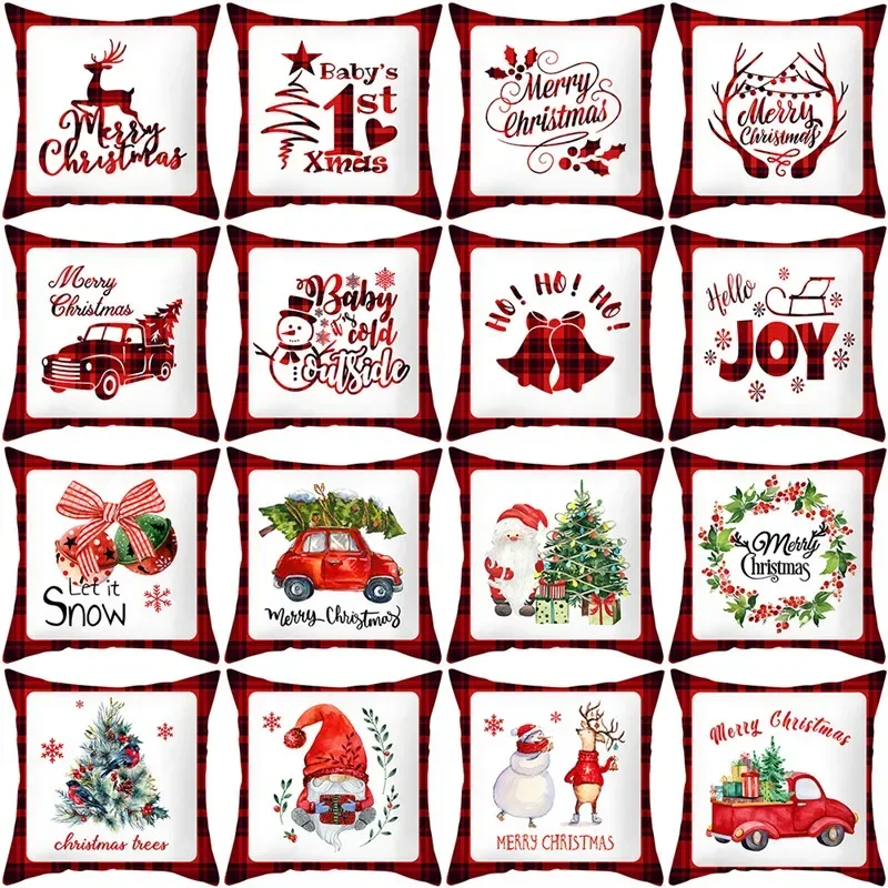 

Merry Christmas 45x45cm Christmas Tree Snowman Red and Black Grid Printing Cushion Cover Santa Claus Pillowcase Sofa Home Decor