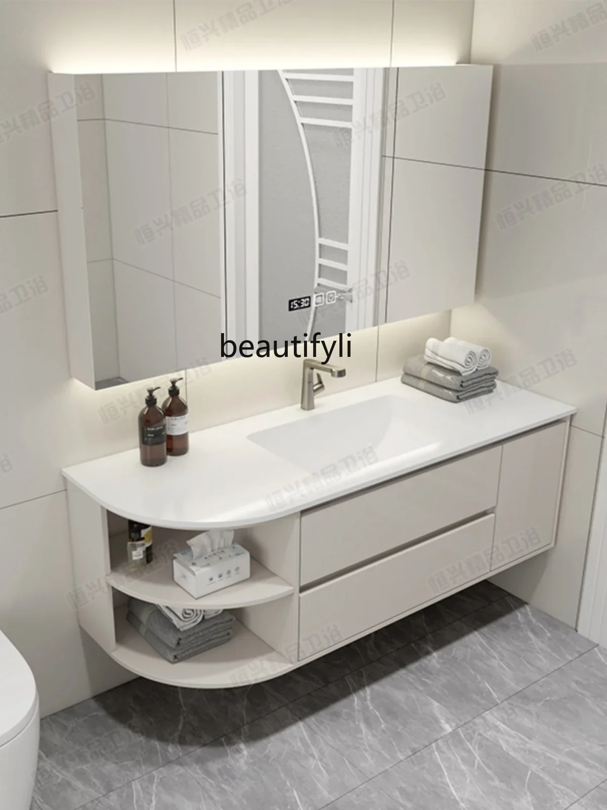 Rounded Corner Stone Plate Seamless Ceramic Basin Multi-Layer Solid Wood Bathroom Cabinet Simple Bathroom Table