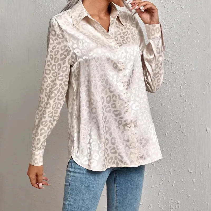 Spring and Autumn Women's Polo Collar Printed Leopard Button Long Sleeve Single Breasted Cardigan Chiffon Shirt Coat Casual Tops