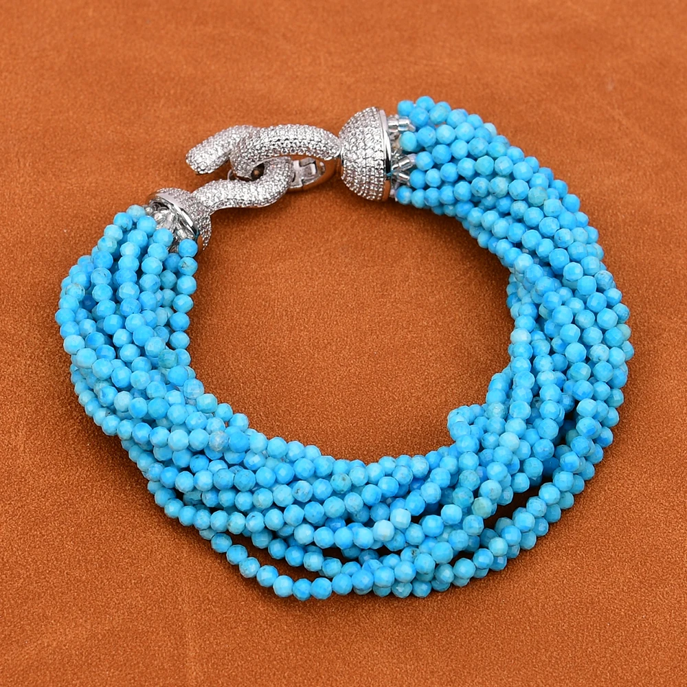 G-G 14 Rows Natural Stone Blue Turquoise Faceted Round Gems Beads Bracelet 8.5