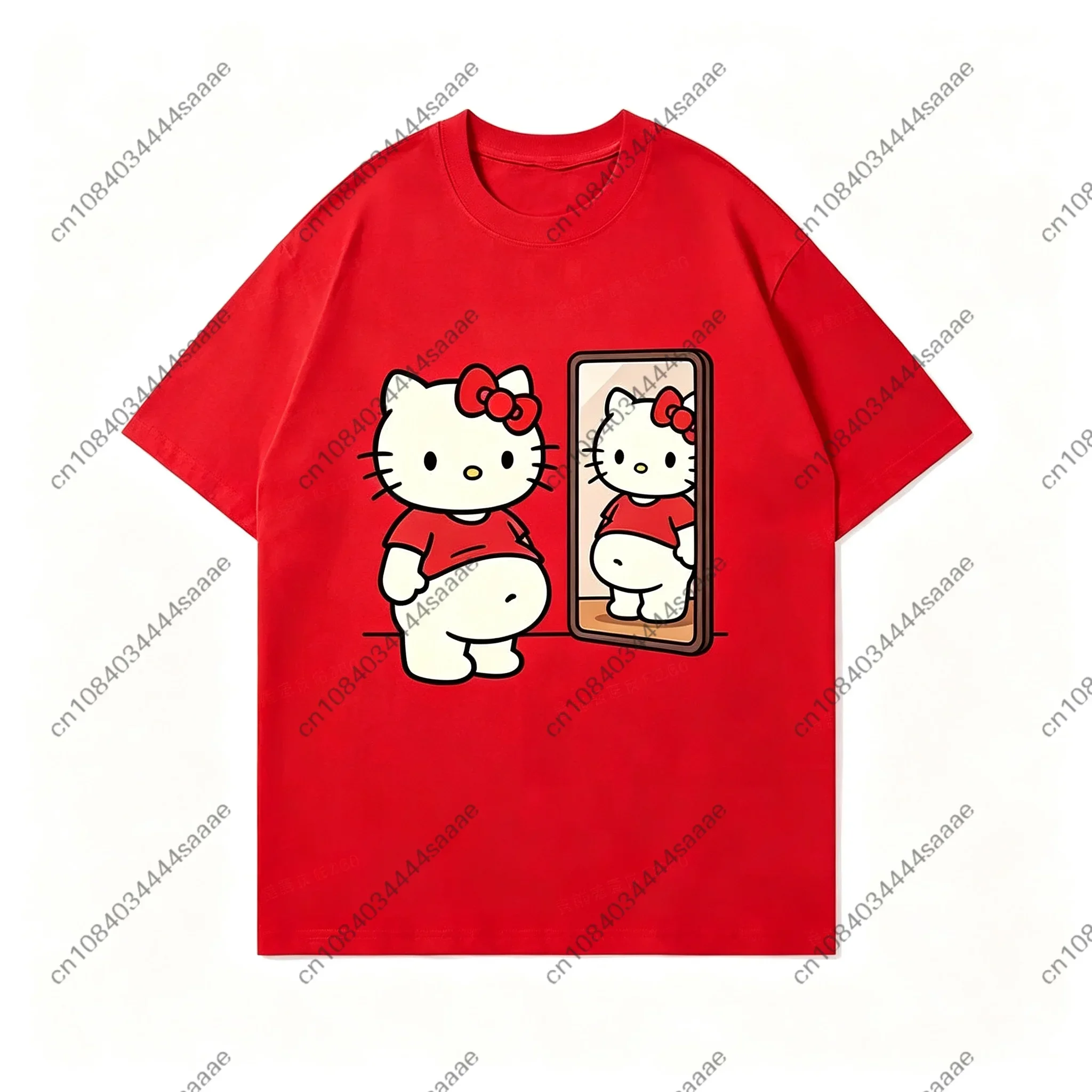 2026 New Kawaii Mirror Print Oversized T-shirt Women Y2K Streetwear Harajuku Casual Short Sleeve Daily Casual Tee