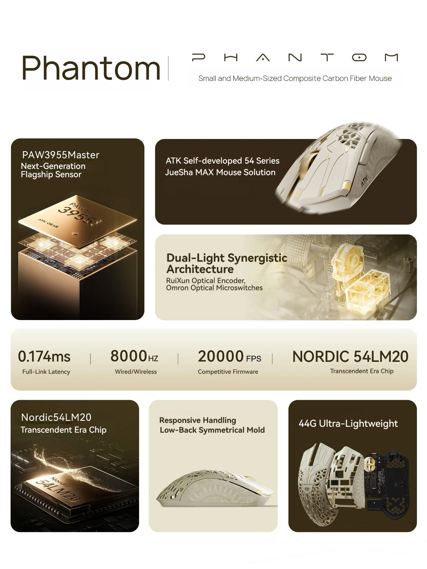 ATK Phantom Wireless Ergonomic Gaming Mouse Carbon Fiber Hollow Lightweight Skeleton PAW3955 Master NORDIC 54LM20 Esports Office