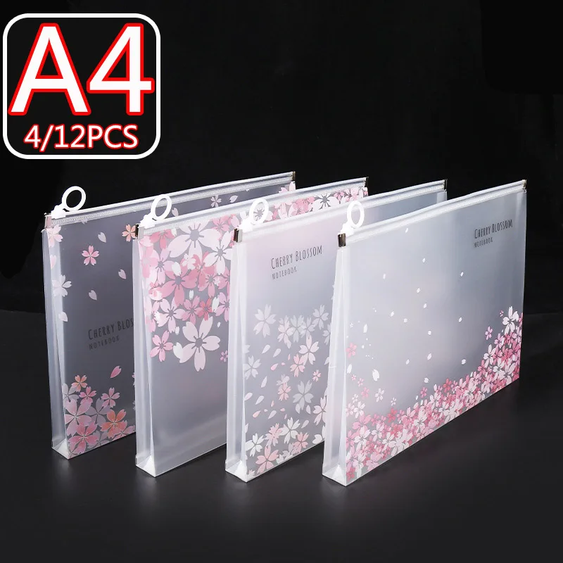 

4/12pcs A4 Cute Sakura Folder File Pouch Stationery Storage Zipper File Bag for School Office Supplies Cartoon Storage Organizer