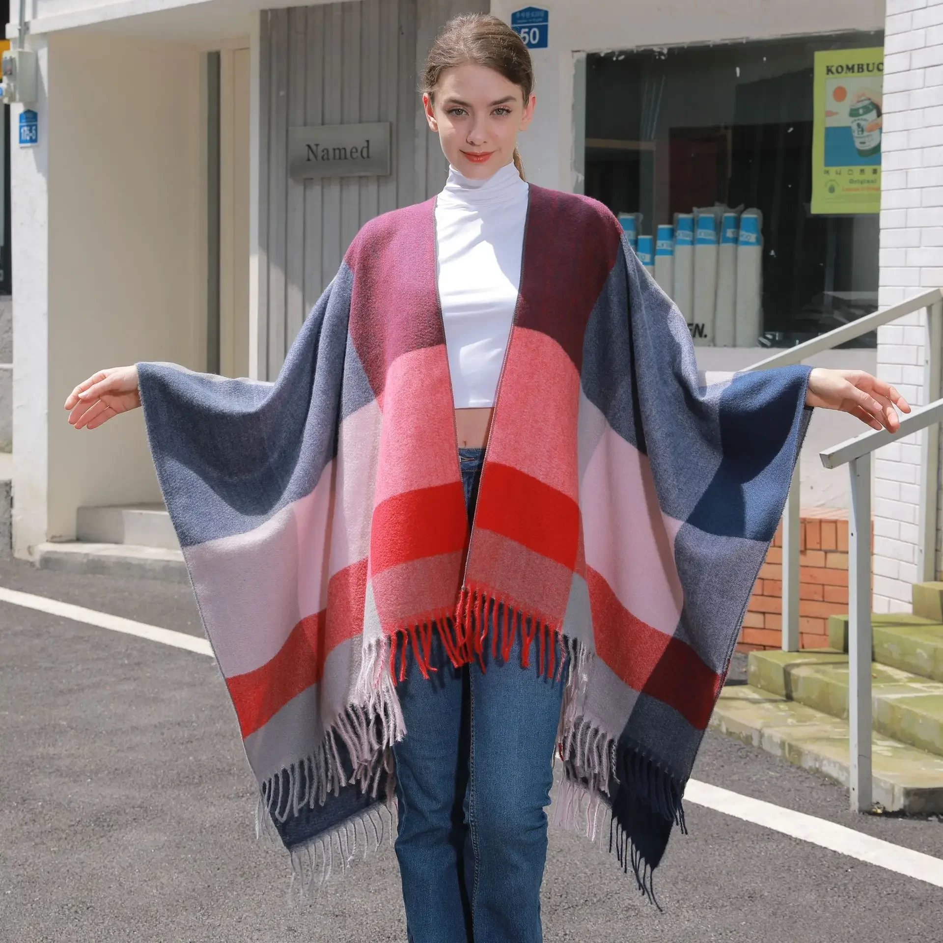 BLACK SWEET New Womens Plaid Shawl Autumn and Winter Woman Ponchos Classic Jacquard Tassel Split Knitted Cardigan Cape Coat