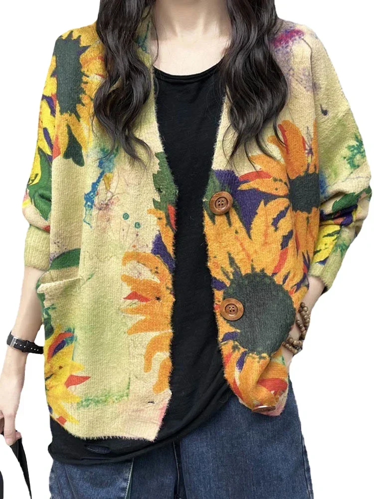 Max LuLu Spring Females Fashion Floral Knitted Clothes 2024 Womens Loose Printed Warm Sweaters Ladies Knitwear Casual Cardigans