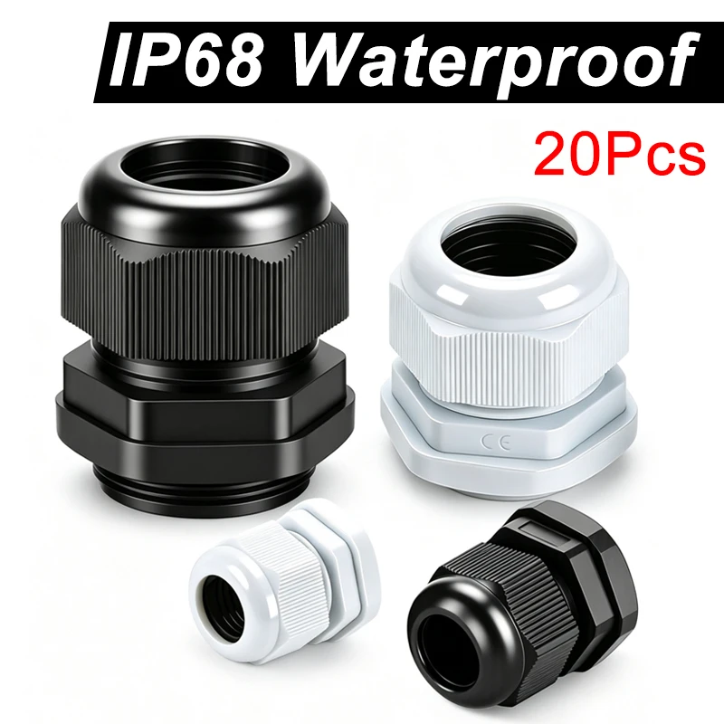 20Pcs IP68 Nylon Waterproof Cable Gland, Plastic Seal Joint M8 M10 M12 M14 M16 M18 M20 M22 M24 Cable Fixing Connector