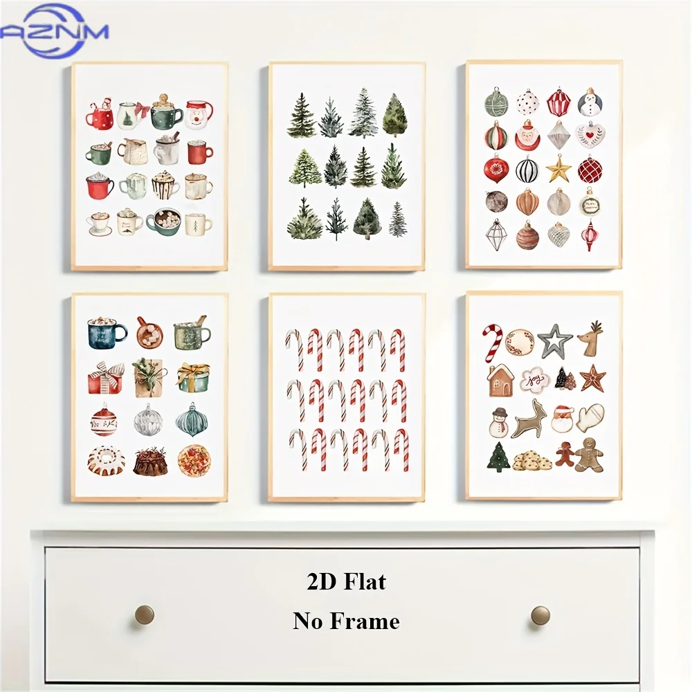6pcs Unframed Christmas Tree Candy Santa Claus Snowman Gingerbread for Man Posters & Prints Christmas Ornament Canvas Printing H