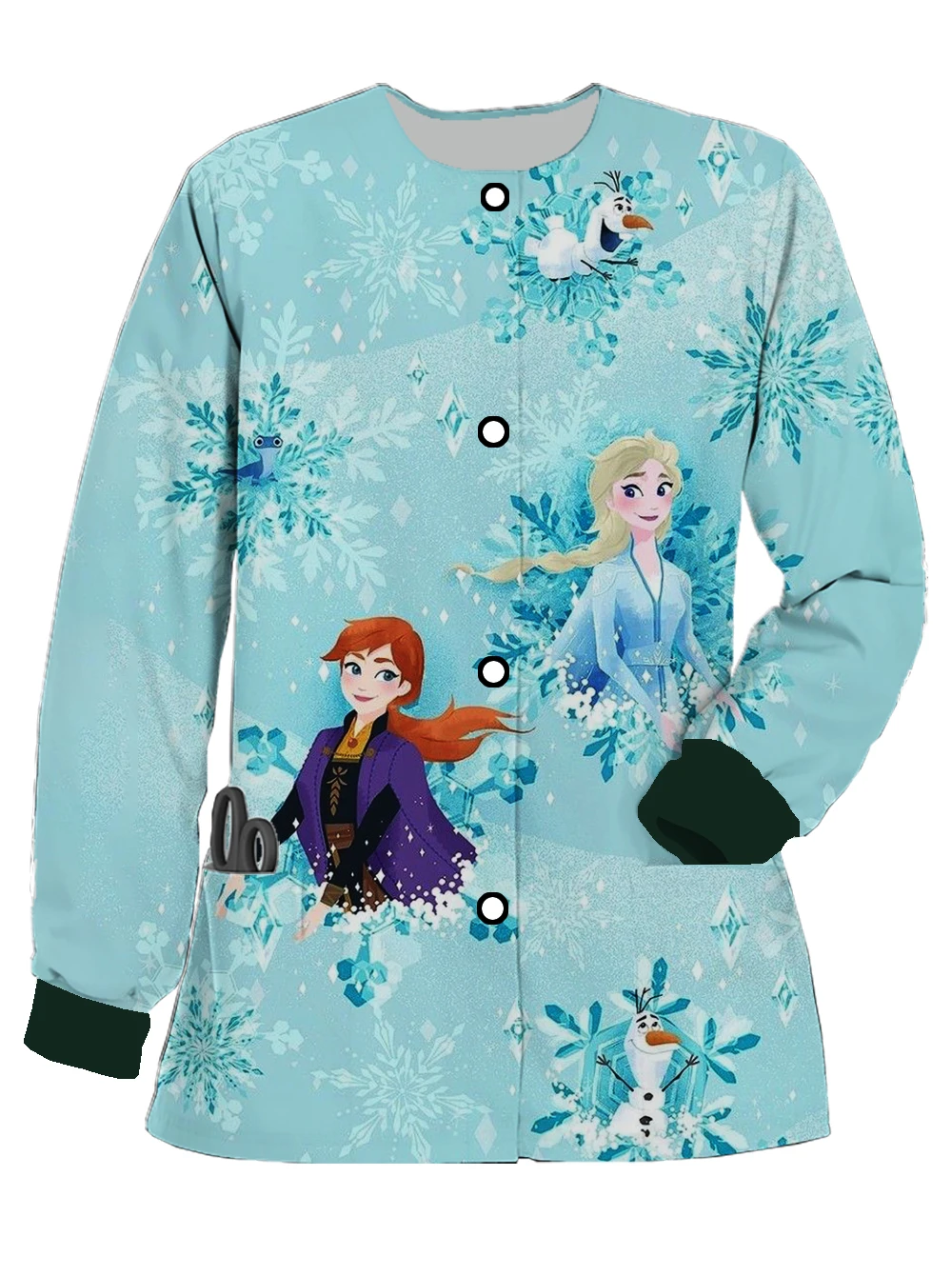 Disney Series Princess Cinderella Print Ladies Long Sleeve Pocket Cardigan Spring Autumn Ladies Hospital Pet Shop Work Uniform