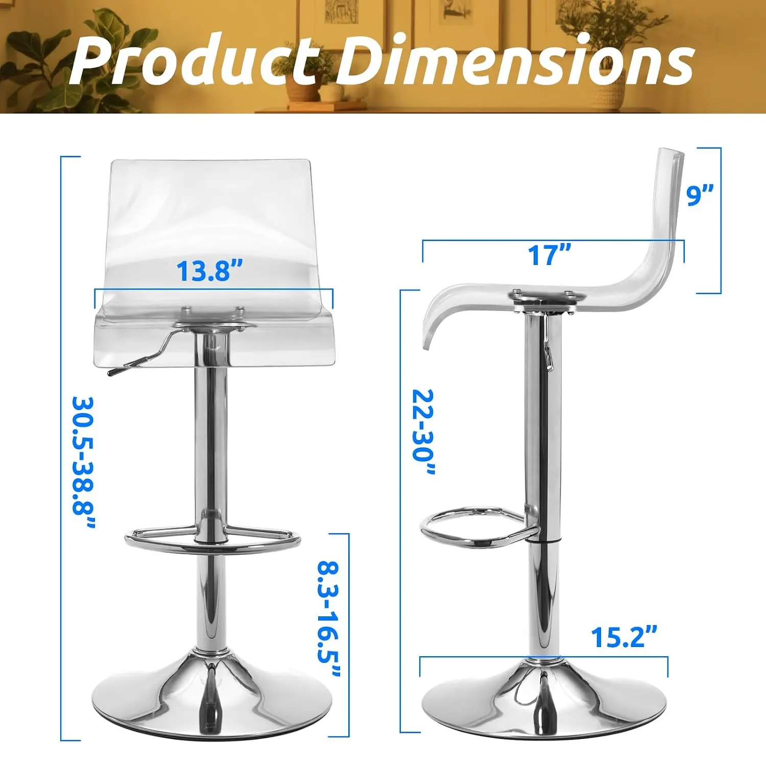 Acrylic Swivel Bar Stools 2pcs, Transparent Adjustable Height Modern Bar Chairs For Kitchen & Dining Room, Silver, Customized