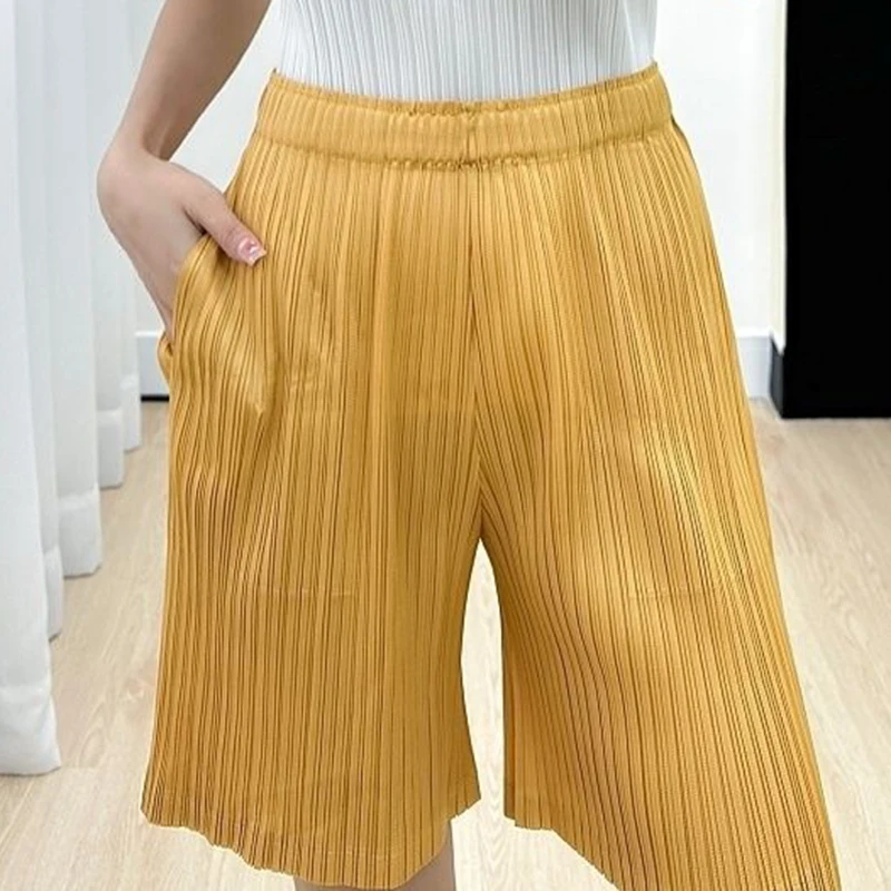 Calça folgada reta casual feminina, shorts plissados de ponta alta, calça curta de perna larga, roupa estilo coreano