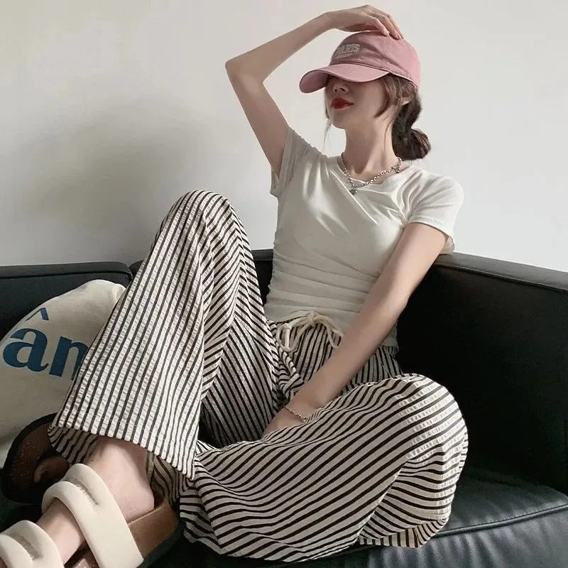 الكورية كسول Sle مخطط ثنى السراويل النسائية الصيف مرونة عالية الخصر رقيقة مستقيم السراويل الطويلة تخفيف Faion #4