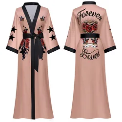 Print Women Kimono Robe Spring Summer Half Sleeve Bathrobe Sleepwear Loungewear Silky Satin Nightgown Dressing Gown Large Size