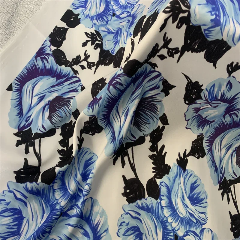 Brand Blue Rose Pattern Printed on High Quality Mitation Silk Stretch Satin Fabric for Dress DIY Sewing Skirt Material Per Meter