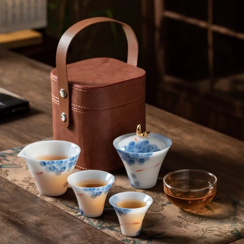 Ice seed jade porcelain cover bowl travel tea set outdoor portable express cup one pot three cups tea bowl leather handbag