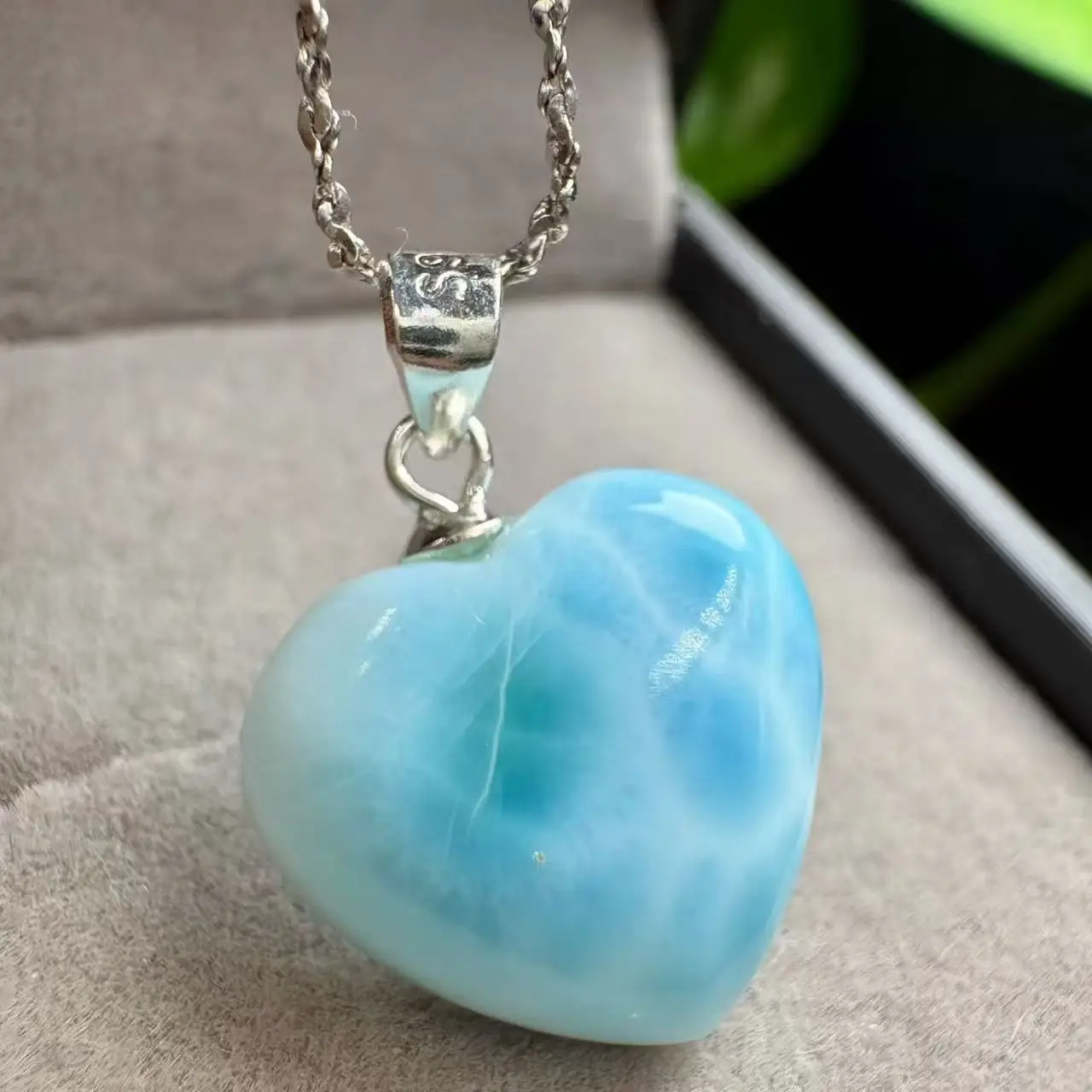 Pendentif Cœur en Cristal de Larimar Naturel de 14-16 mm en Argent 925, Vente en Gros, pour Bijoux et Cadeaux