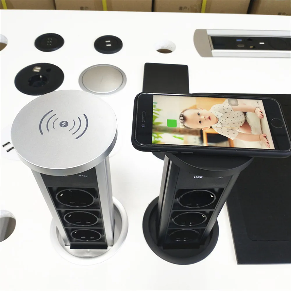 Automatic Hydraulic Gas Table Kitchen Pop Up Power Socket with 3 EU Power Outlets,2 USB Charging Top Qi Wireless Charger