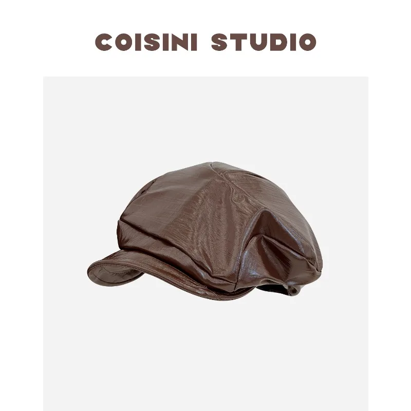 Japanese Dark Style Irregular Pleated PU Leather Beret Women's Autumn British Octagonal Personalized Soft Brim Newsboy Caps