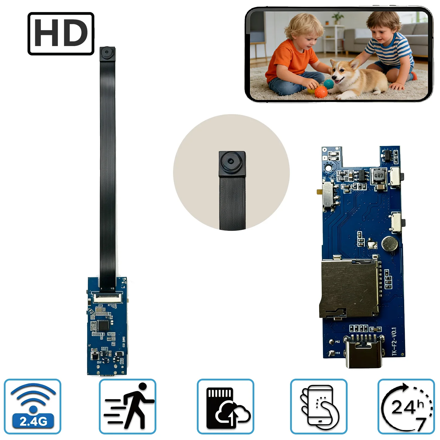 Flexible WiFi Camera PCBA Board, HD Remote Monitoring Module with Bendable Camera Cable for DIY Home Security Surveillance