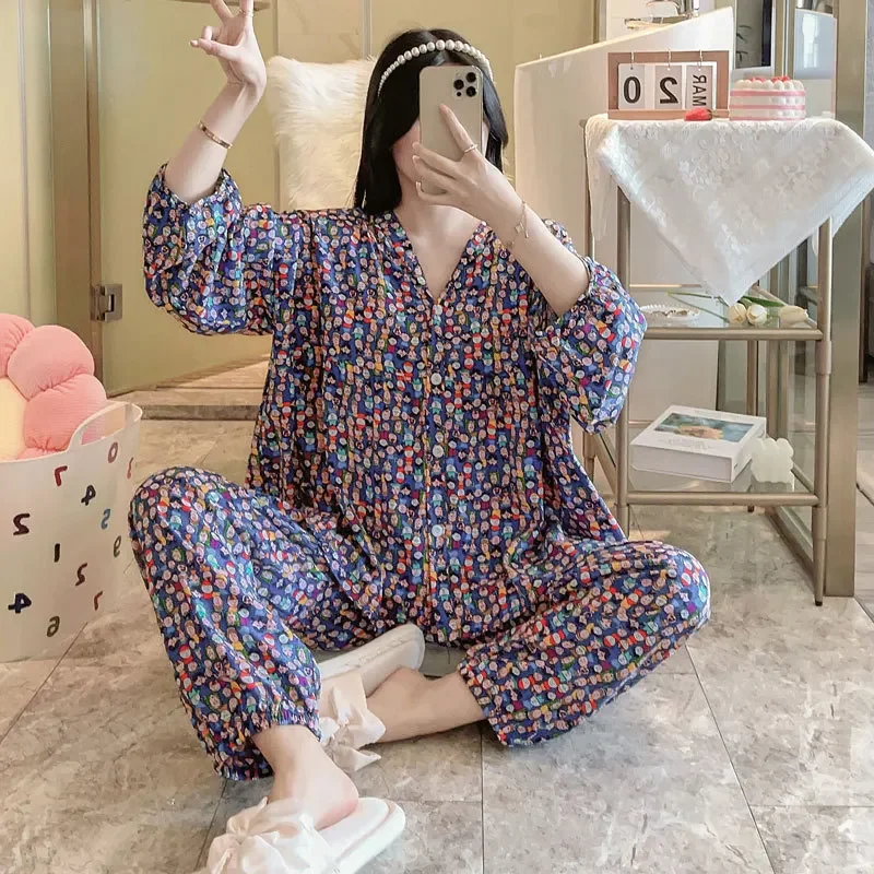 Cute Floral Leopard Cotton Summer Pajama Sets Ensembles 2 Piece Two Piece Pants Lounge Elegant Outfit Lounge Women Pijama