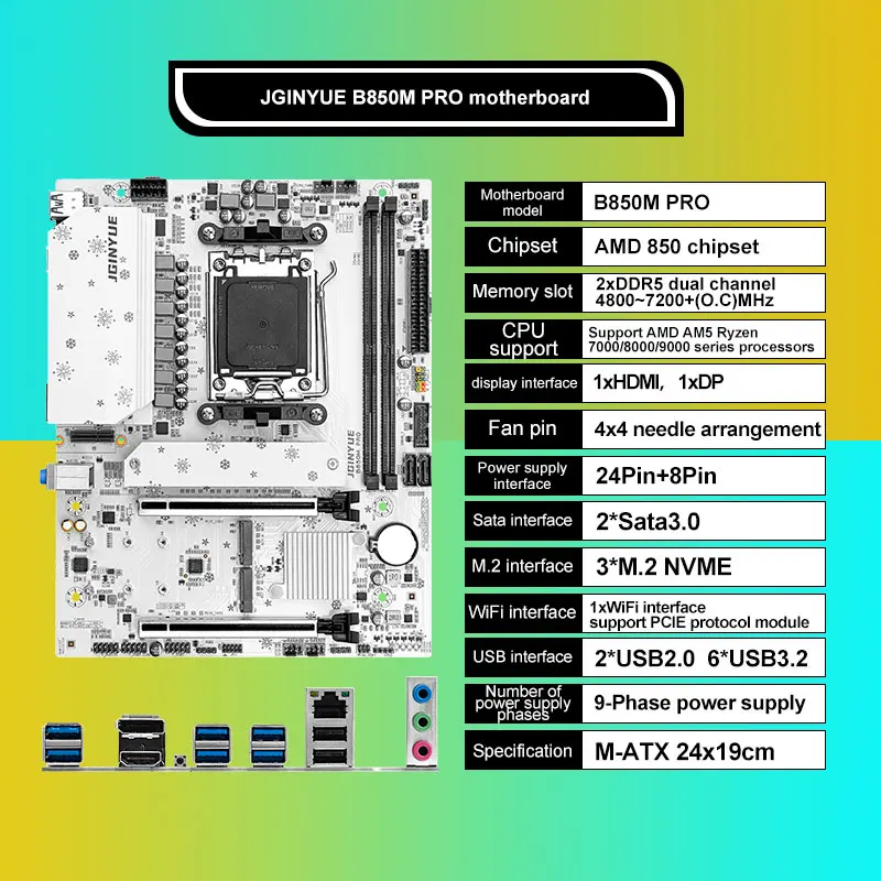 JGINYUE B850M PRO Gaming Motherboard AM5 Ryzen 9000/8000/7000 Series DDR5 7200 (OC) MHz  Micro ATX Motherboard M.2 SATA3 NVME