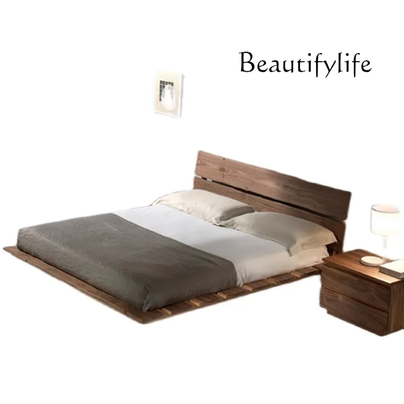 Modern Suspension Bed Black Walnut Large Flat Solid Wood Modern Minimalist Double Bed Bedroom