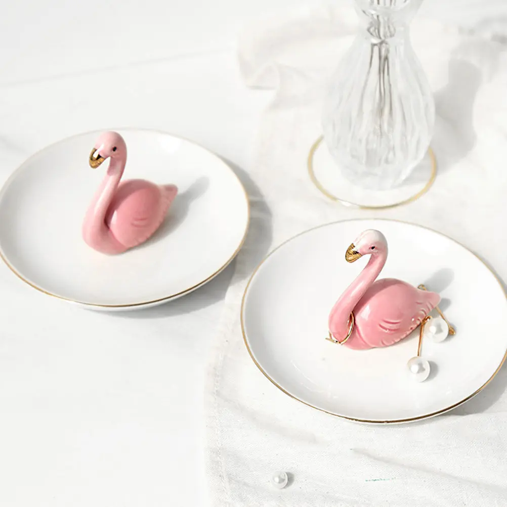 

Decorative Jewelry Tray Flamingo Style Ceramic Holder for Rings Necklaces Earrings Desktop Home Decor Accessory
