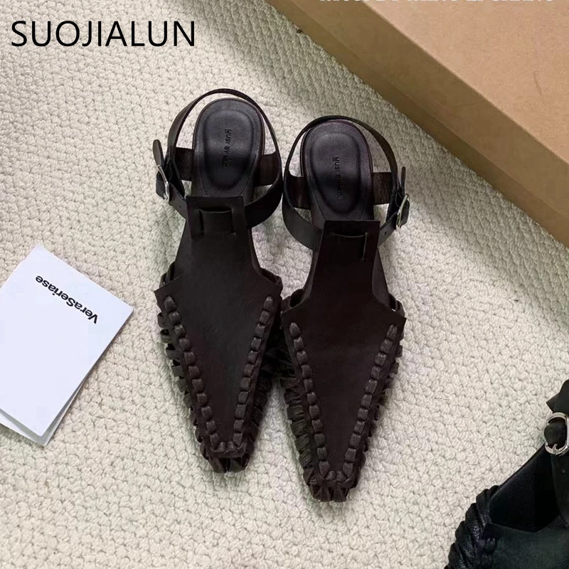 SUOJIALUN Summer New Women Sandal Fashion Close Toe Ankle Strap Ladies Casual Gladiator Shoes Soft Flat Heel Dress Slingback Sho