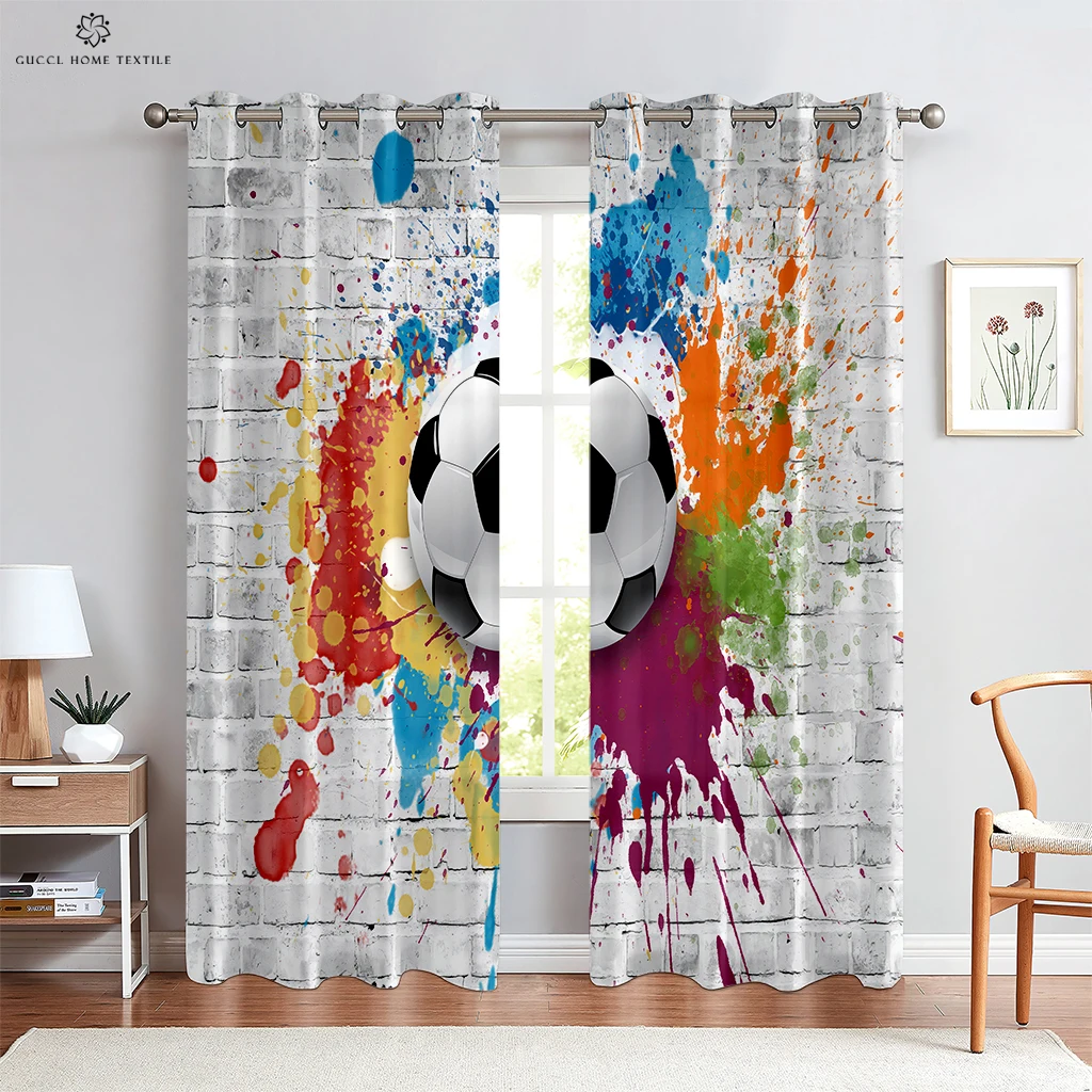 Football Print Curtains Watercolor Color Sports Boy Kids Room Living Room Kitchen Decoration Window Curtains Can Be Customized