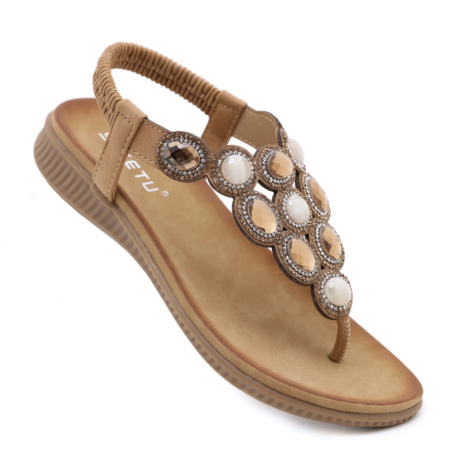 SIKETU Women Sandals Rhinestone String Bead Elastic Band PU Water Diamond Round Seaside  Bohemian Women Shoes  Apricot Color