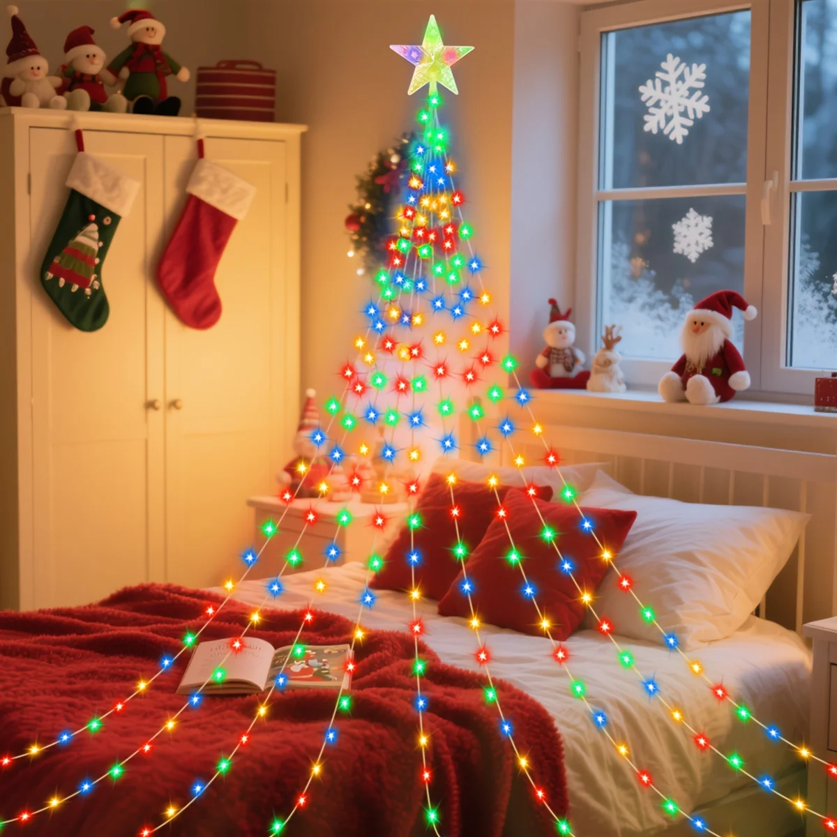 Solar-Powered LED Christmas Star Waterfall Lights with 8 Lighting Modes - Suitable for Indoor/Outdoor Decor: Christmas Tree