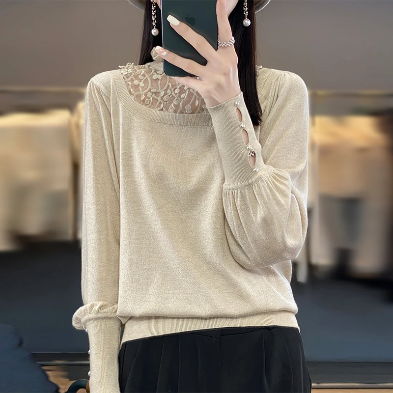 Women\'s Refined Wool Clothing 2023 Spring /Autumn New Product Knitted Pullover Top Fashion Korean Edition Mesh High collar Shirt