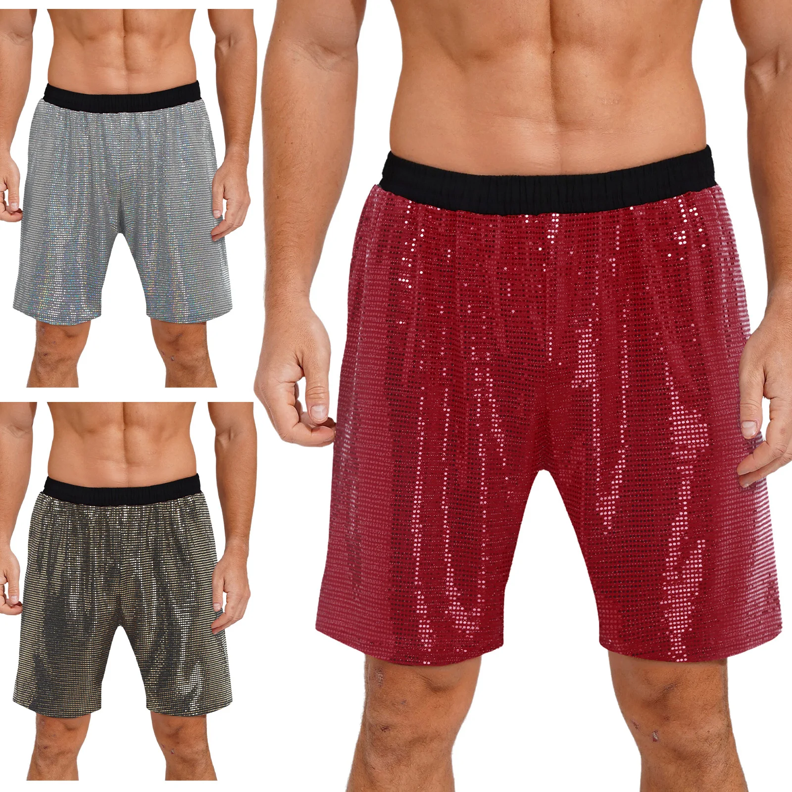 

Men Shiny Sequins Party Club Band Performance Short Casual Daily Loose Low Waist Short Pants Glittery Solid Color Shorts