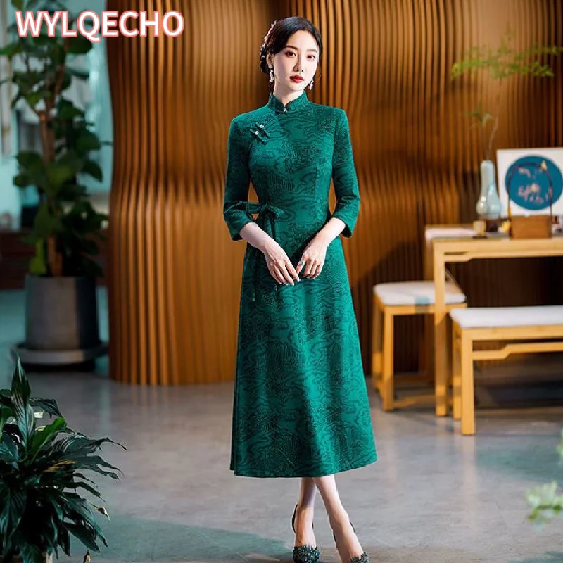 

2023 Fashion Improved Long 3/4 Sleeve Belt Cheongsam A-line Skirt Autumn and Winter New Daily Cheongsam Chinese New Year Dress