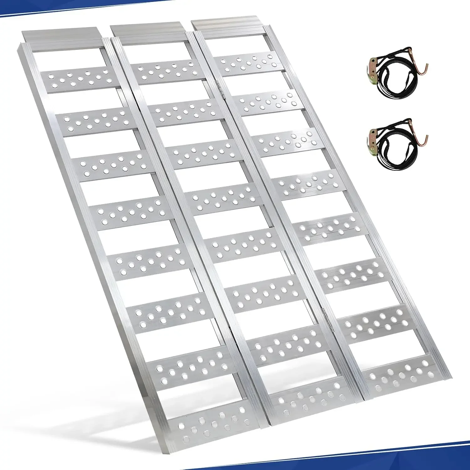 Tri-Fold Ramps with Treads, Full Width Aluminum Loading Ramps with Load Straps, Manual Welding Ramp for Motorcycles, ATVs