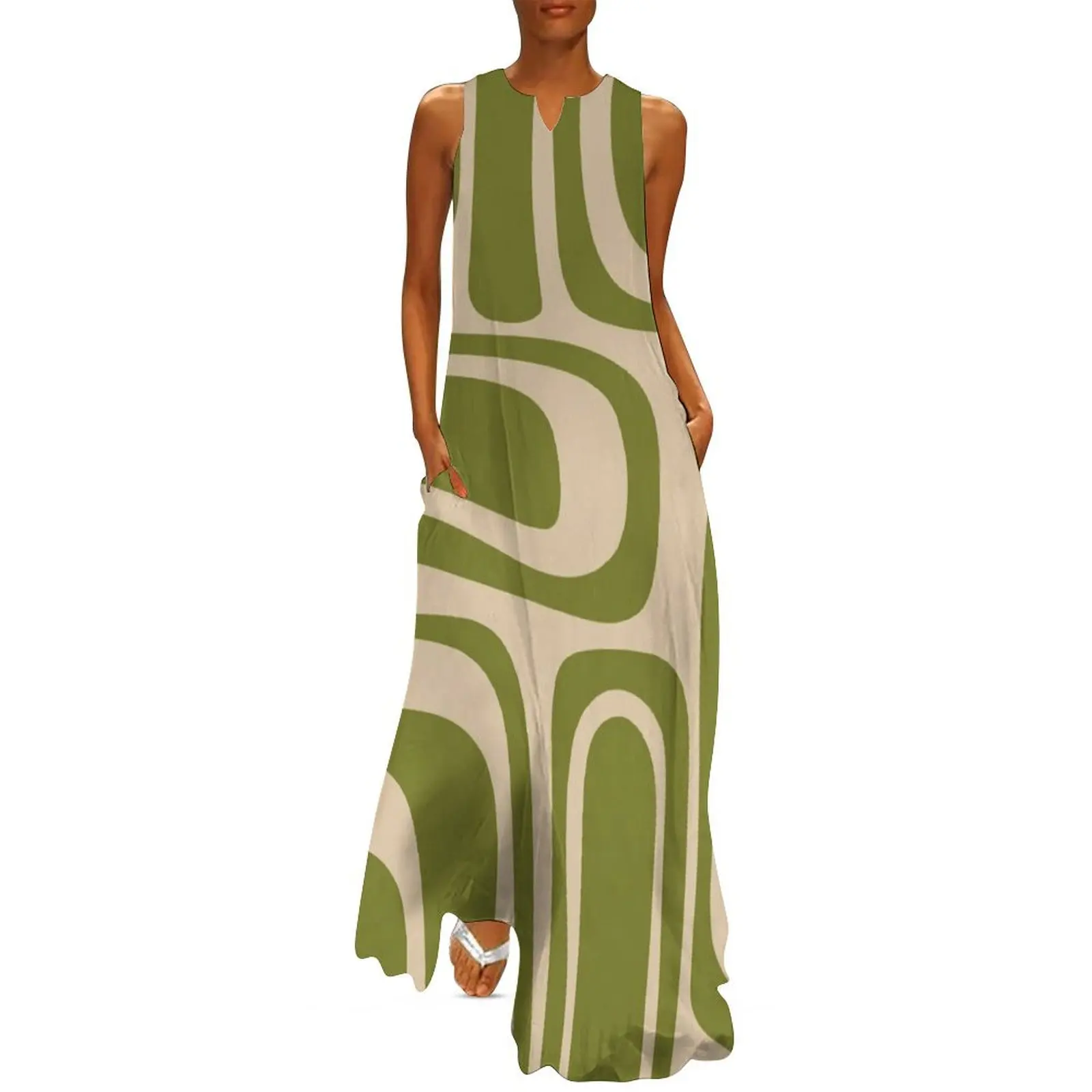 

Palm Springs Retro Midcentury Modern Abstract Pattern in Mid Mod Beige and Olive Green Long Dress Womens dresses