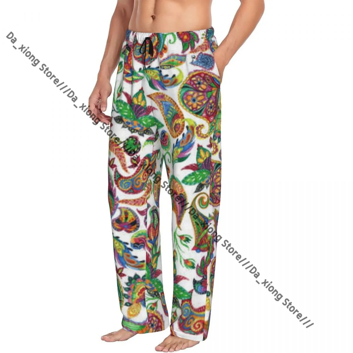 メンズパジャマ ルーズスリープパンツ パジャマ 水彩ペイズリー オリエンタルプリント ロングラウンジボトムス カジュアルホームウェア