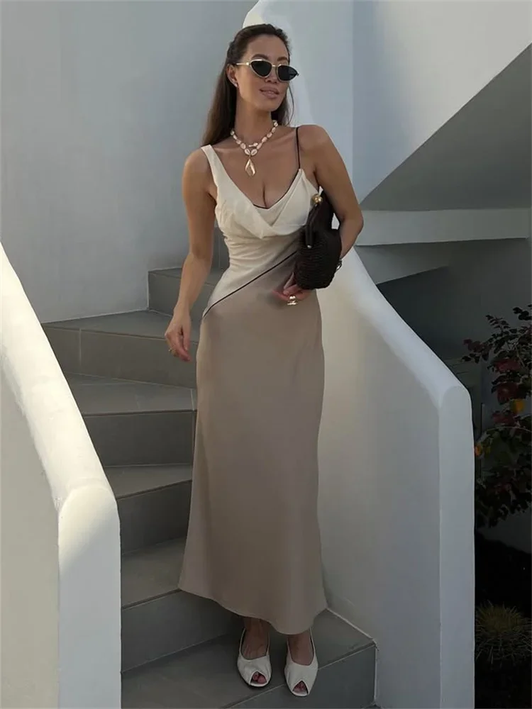 

V-Neck Patchwork Backless Maxi Dress For Women Slim Contrast Spaghetti Elegant Party Dress Evening Female Long Dress