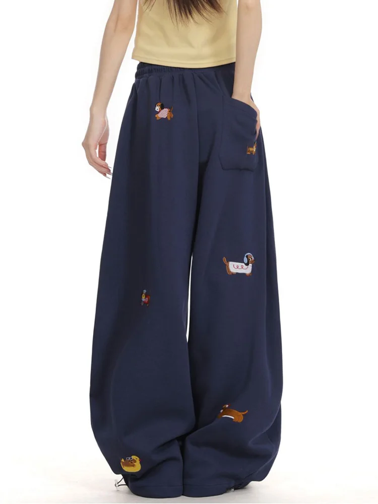 Bordado dos desenhos animados y2k sweatpants feminino vintage americano cintura alta perna larga calça streetwear solto casual bf primavera novo