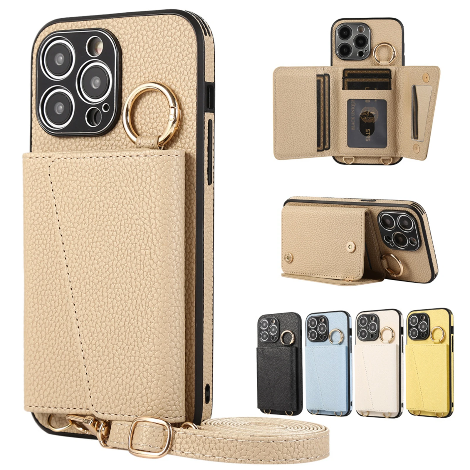 

Чехол для телефона с зеркалом для макияжа, кошелек через плечо для iPhone 15 16 Pro Max 14 16Pro 13 12, кольцевой держатель, карман для карт, кожаный чехол на ремешок