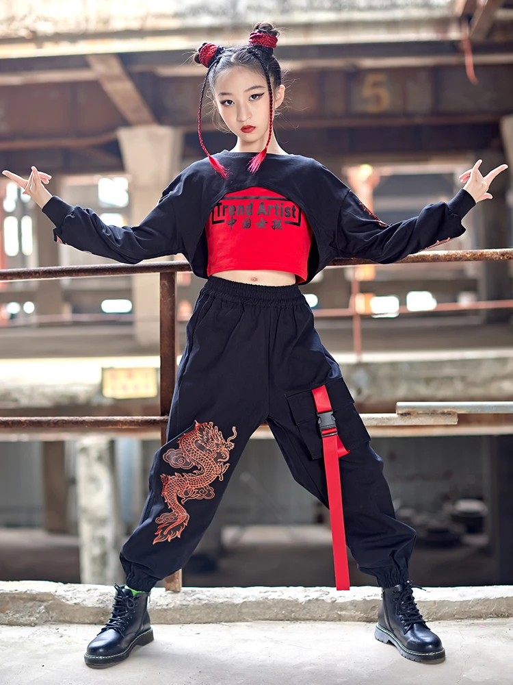 Kids Hip Hop Clothes Girls Jazz Dance Crop Tops Black Pants Modern Kpop Outfit Ballroom Practice Wear Long Sleeves Sets BL9087