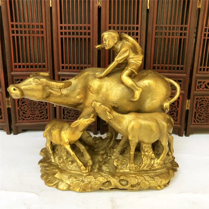 shepherd boy riding a cow animal ornament, brass decoration for office and home crafts