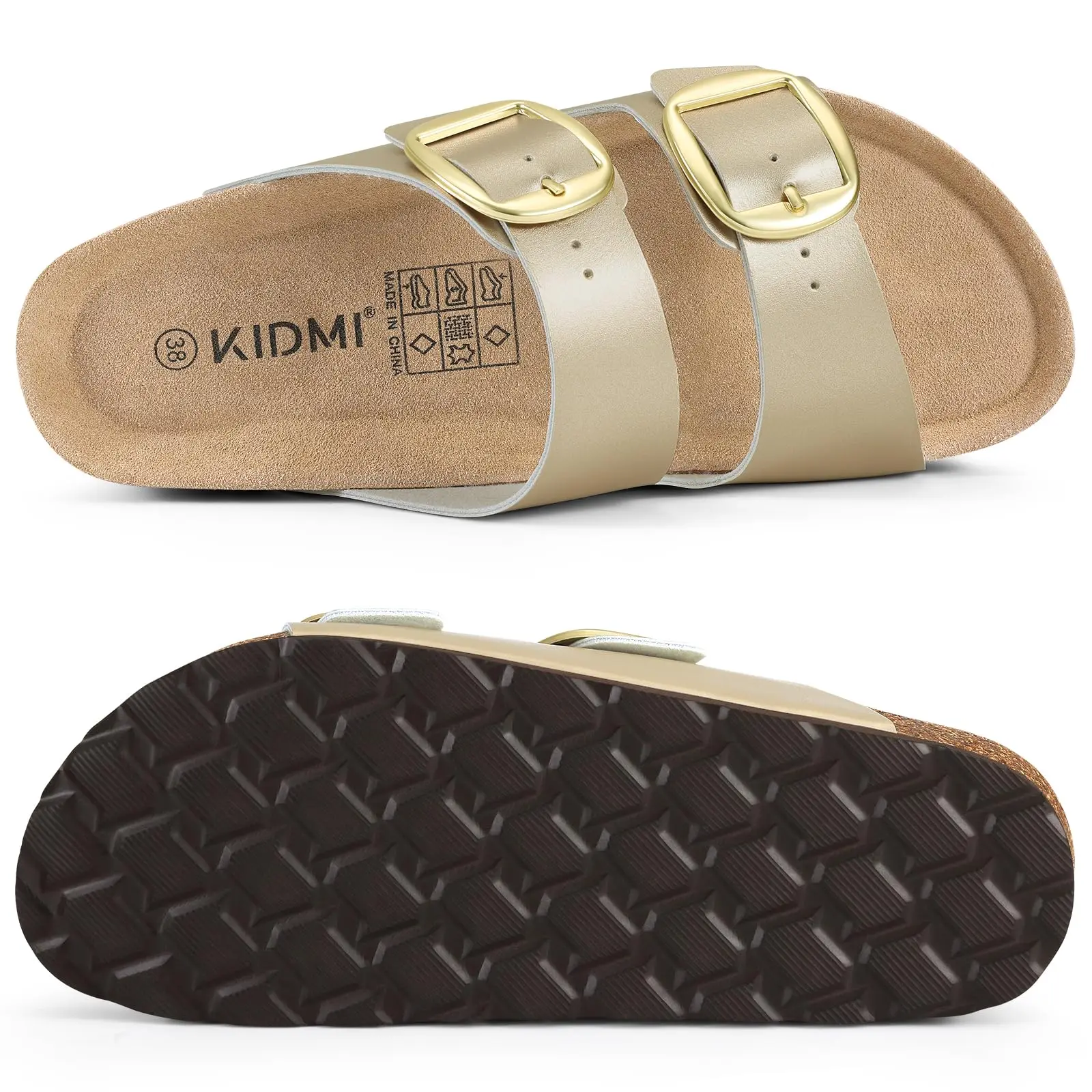 Litfun Women's Fashion Cork Sandals Comfortable Arch Support Leather Slippers Summer Outdoor Beach Slides with Adjustable Buckle